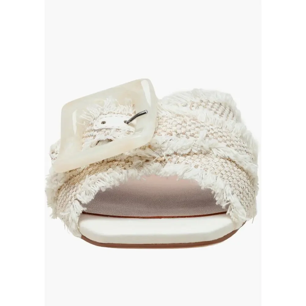 NIB Linea Paolo LOTTIE Frayed Fabric Cross Band Sandals Natural Gold Tan 5.5